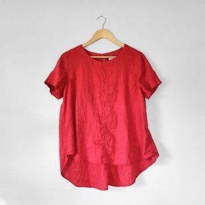 Magaschoni 100% Linen Short Sleeve Blouse in Red, Size Large
